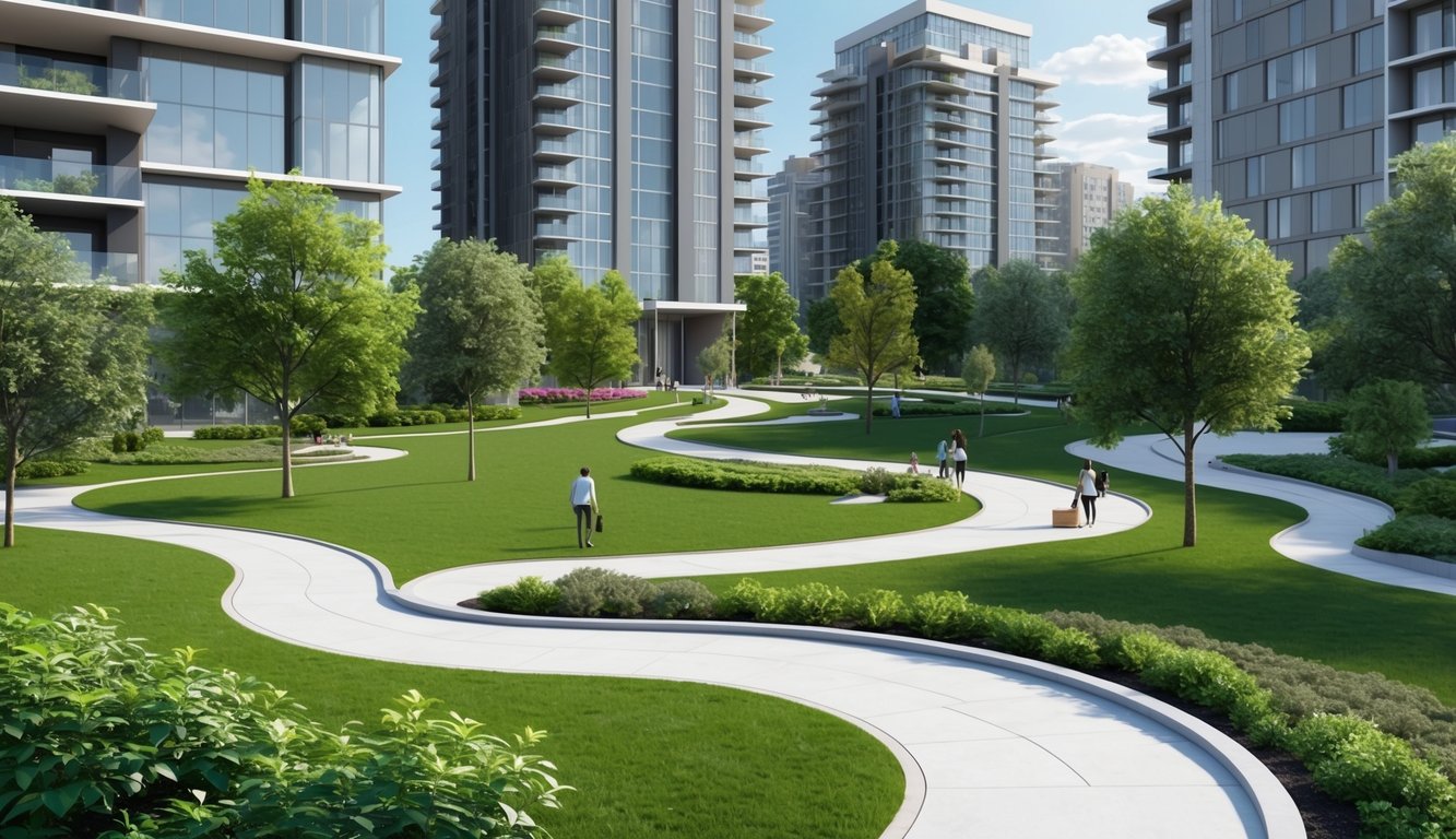 Dönemeçli patikalar, yemyeşil doğa ve modern mimari unsurlarla çevrili, yüksek binaların arasında huzurlu bir park.