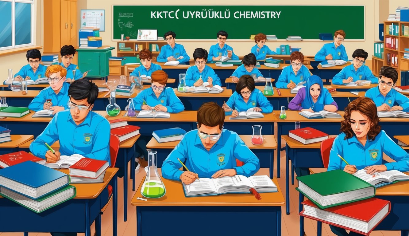 Kimya öğrenen KKTC Uyruklu öğrencilerle dolu bir sınıf, etrafında ders kitapları ve eğitim materyalleriyle.