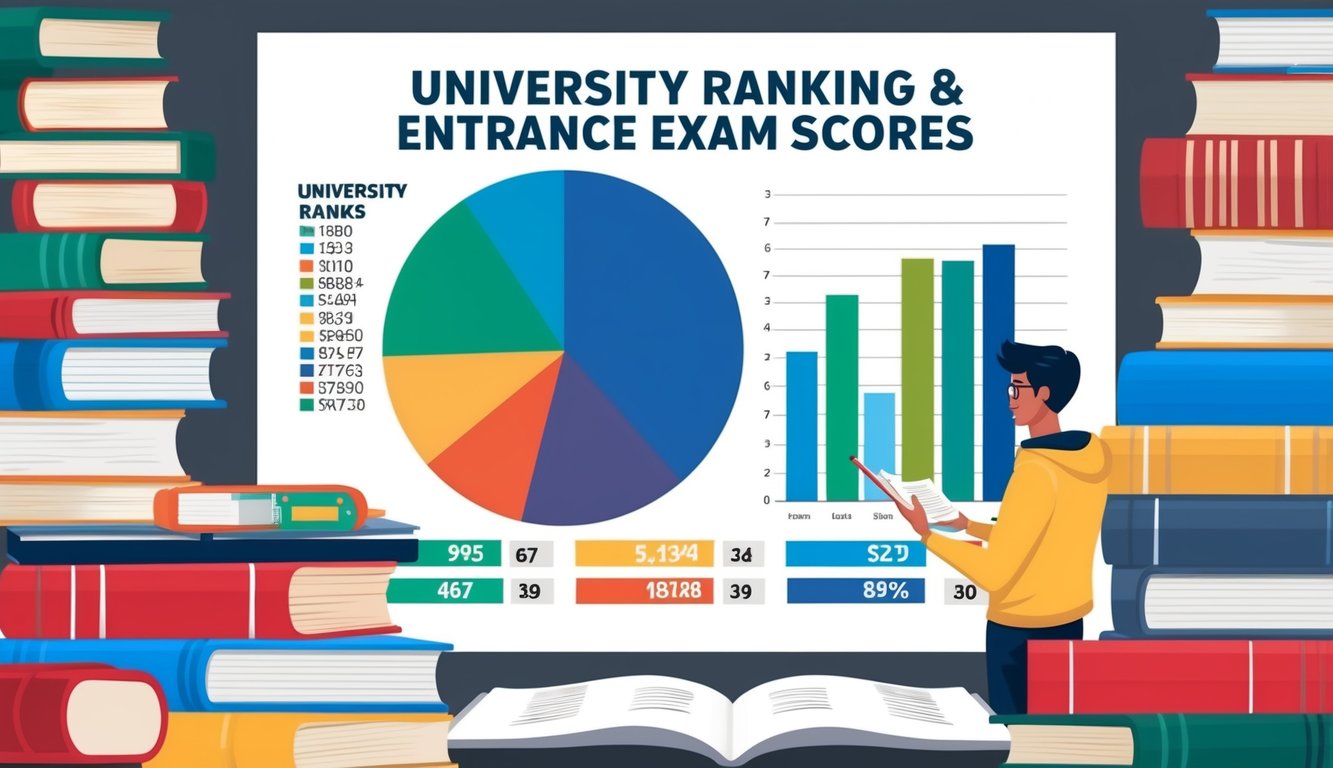 Bir üniversite sıralamaları ve giriş sınavı puanları grafiği üzerinde çalışan bir öğrenci, kitaplar ve notlarla çevrili.