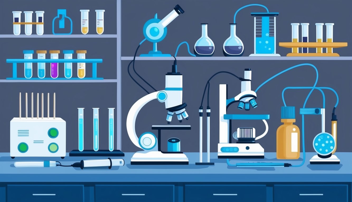 Mikroskoplar, deney tüpleri ve nanoteknoloji cihazları gibi çeşitli bilimsel ekipman ve araçların laboratuvar masaları ve raflarda düzenlendiği bir laboratuvar ortamı