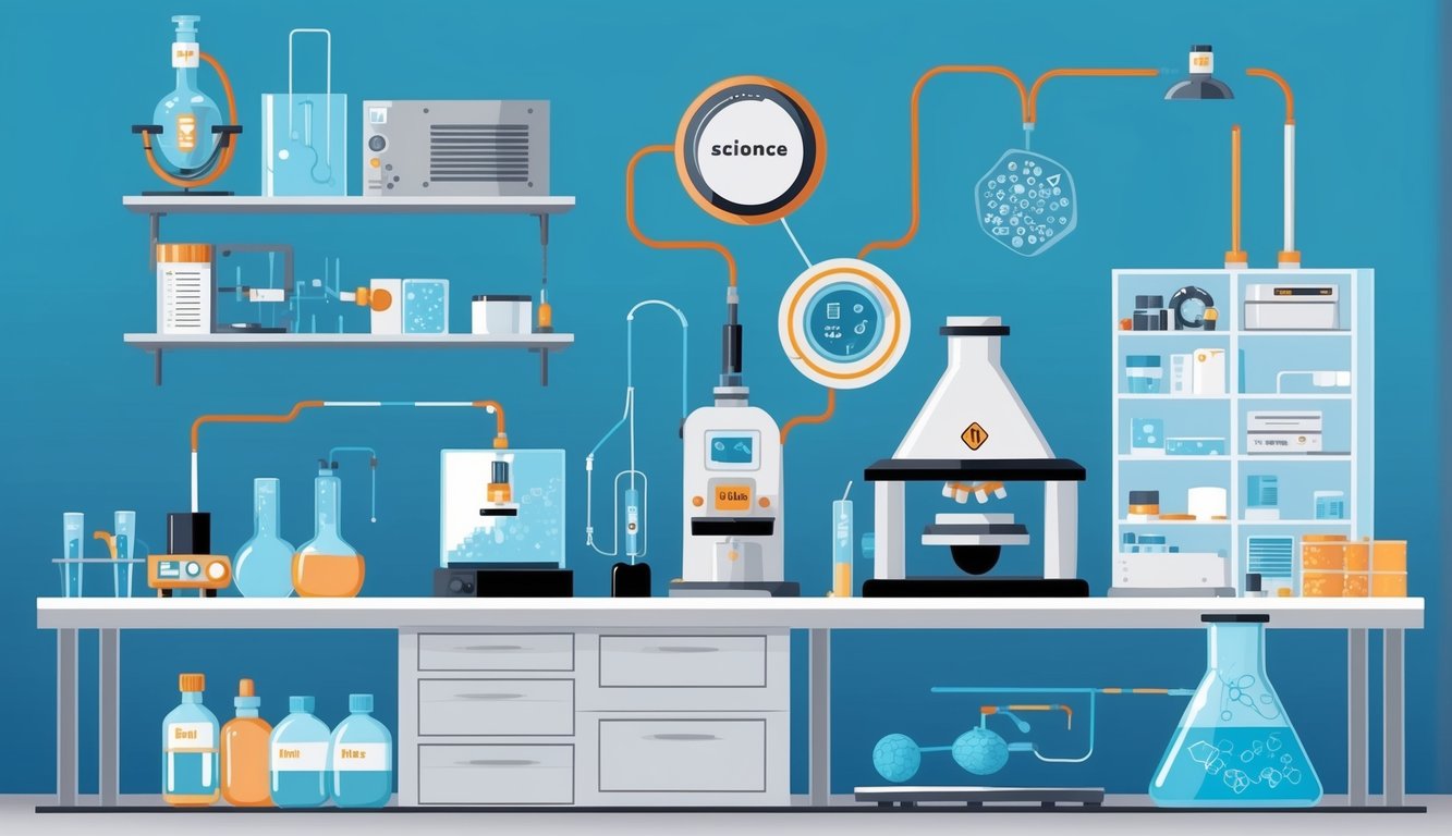 Malzeme bilimi ve nanoteknoloji mühendisliği ile ilgili çeşitli ekipman ve malzemelerin bulunduğu bir laboratuvar ortamı
