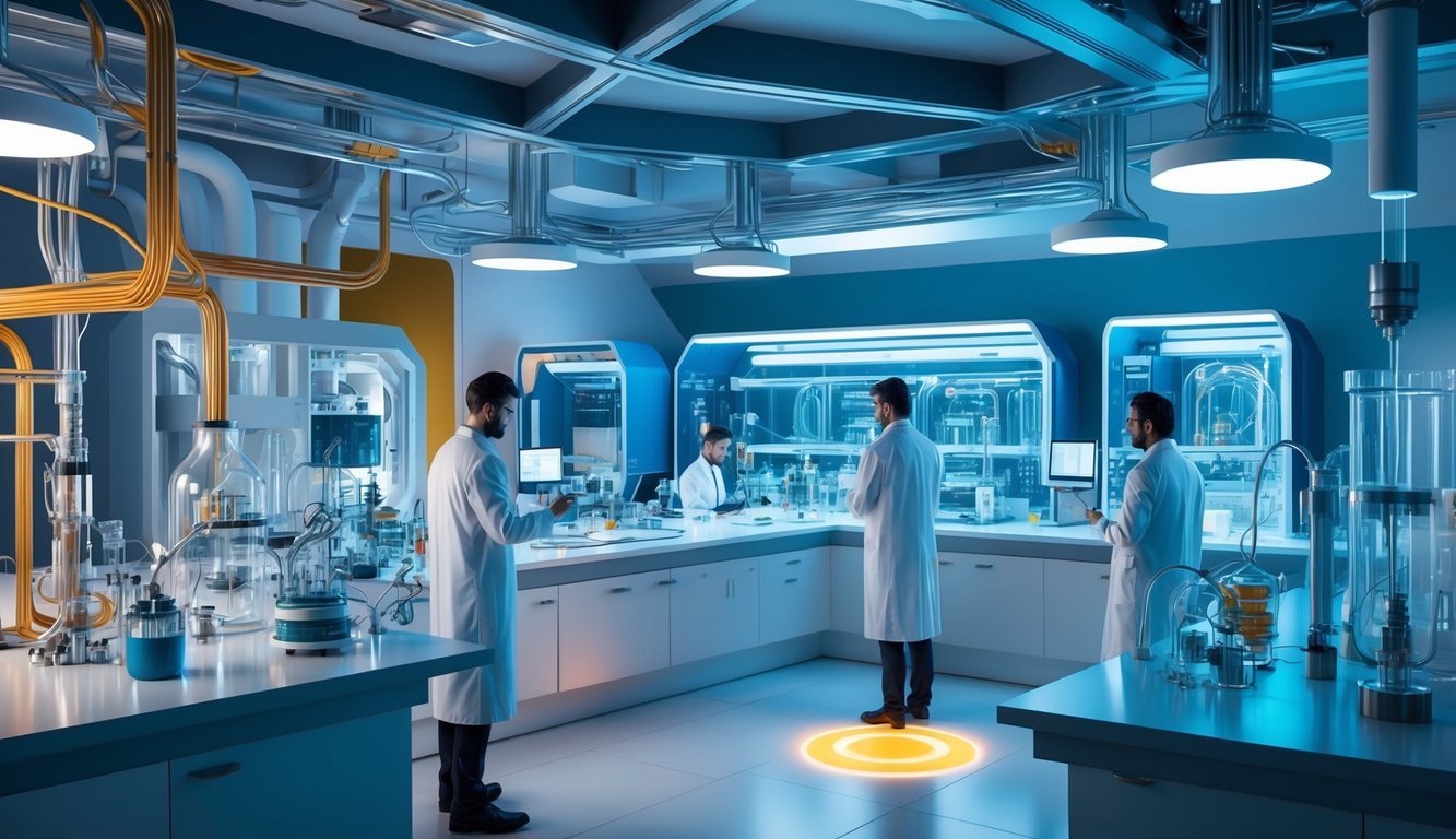Gelişmiş ekipmanlar ve nanoteknoloji cihazlarıyla donatılmış, mühendislerin en son araştırma ve geliştirme projeleri üzerinde çalıştığı futuristik bir laboratuvar.