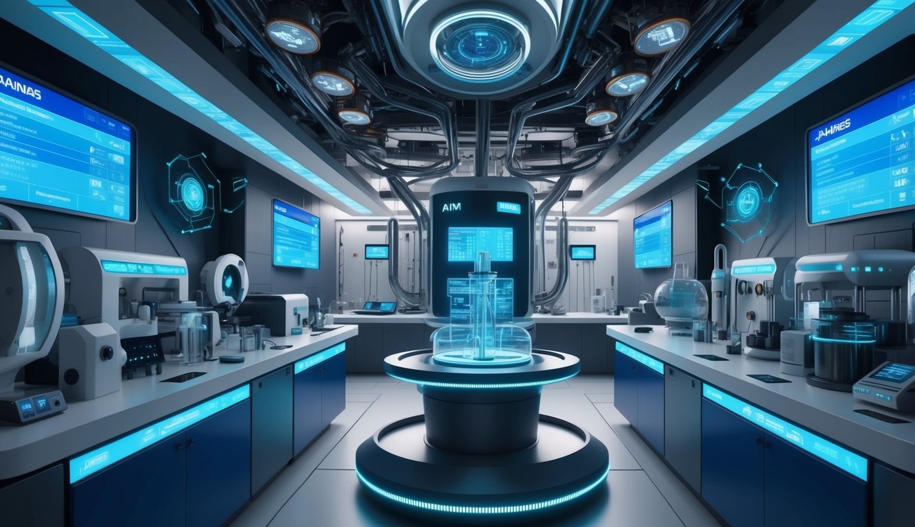 Yüksek teknoloji ekipmanları ve nanoteknoloji cihazlarıyla donatılmış, sıralamalar ve verileri gösteren dijital ekranlarla çevrili, geleceğe yönelik bir laboratuvar