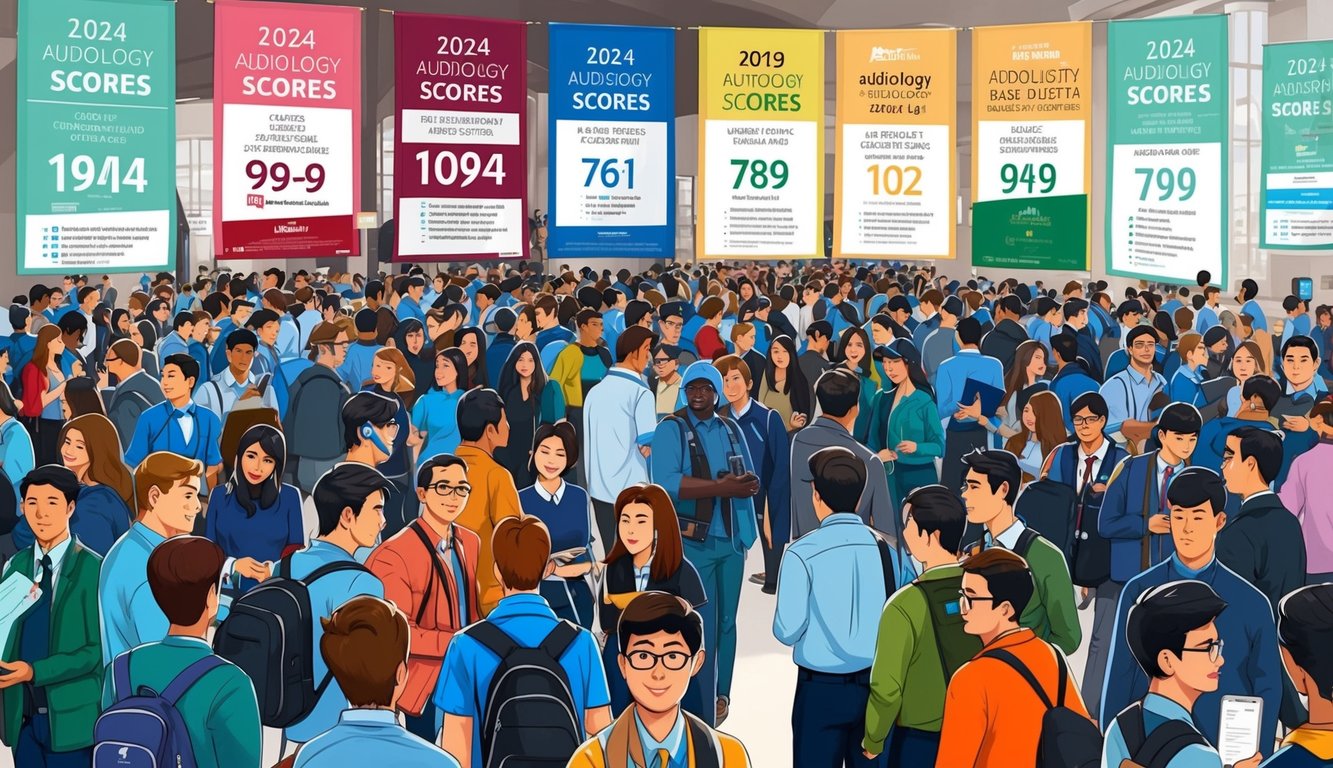 2024 İşitme Bilimleri temel puanları ve kontenjan bilgilerini gösteren afişler ve pankartlarla çevrili, öğrenciler ve velilerle dolu bir üniversite fuarı