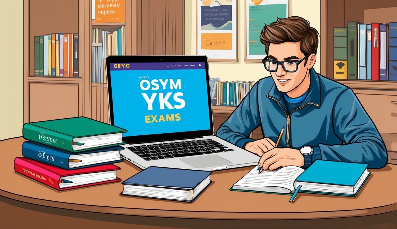 ÖSYM ve YKS sınavları hakkında bir web sitesine açık bir dizüstü bilgisayar, ders kitapları ve defterlerle bir masada çalışan bir öğrenci