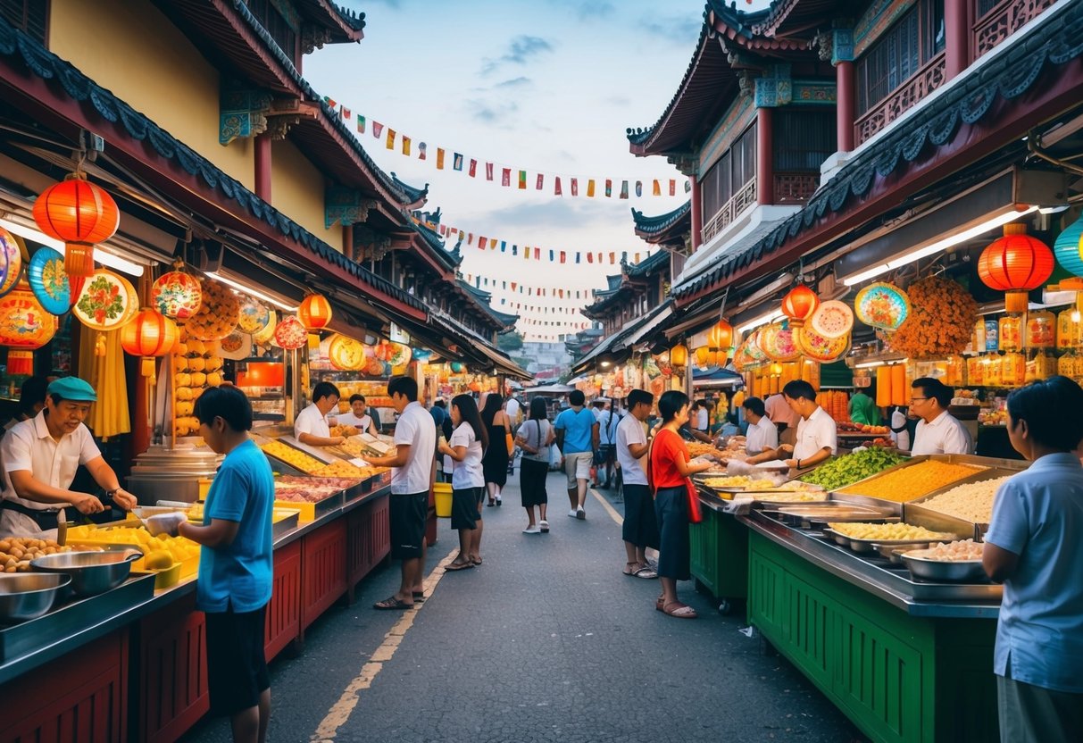 A bustling street market with colorful stalls selling a variety of Asian street foods, surrounded by traditional architecture and vibrant cultural decorations