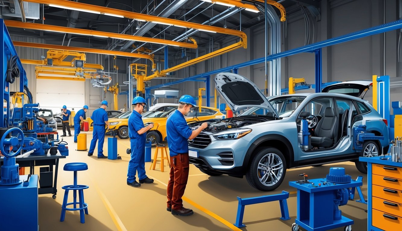 Mühendislerin üzerinde çalıştığı çeşitli aletler, makineler ve araçlarla dolu hareketli bir otomotiv mühendisliği atölyesi