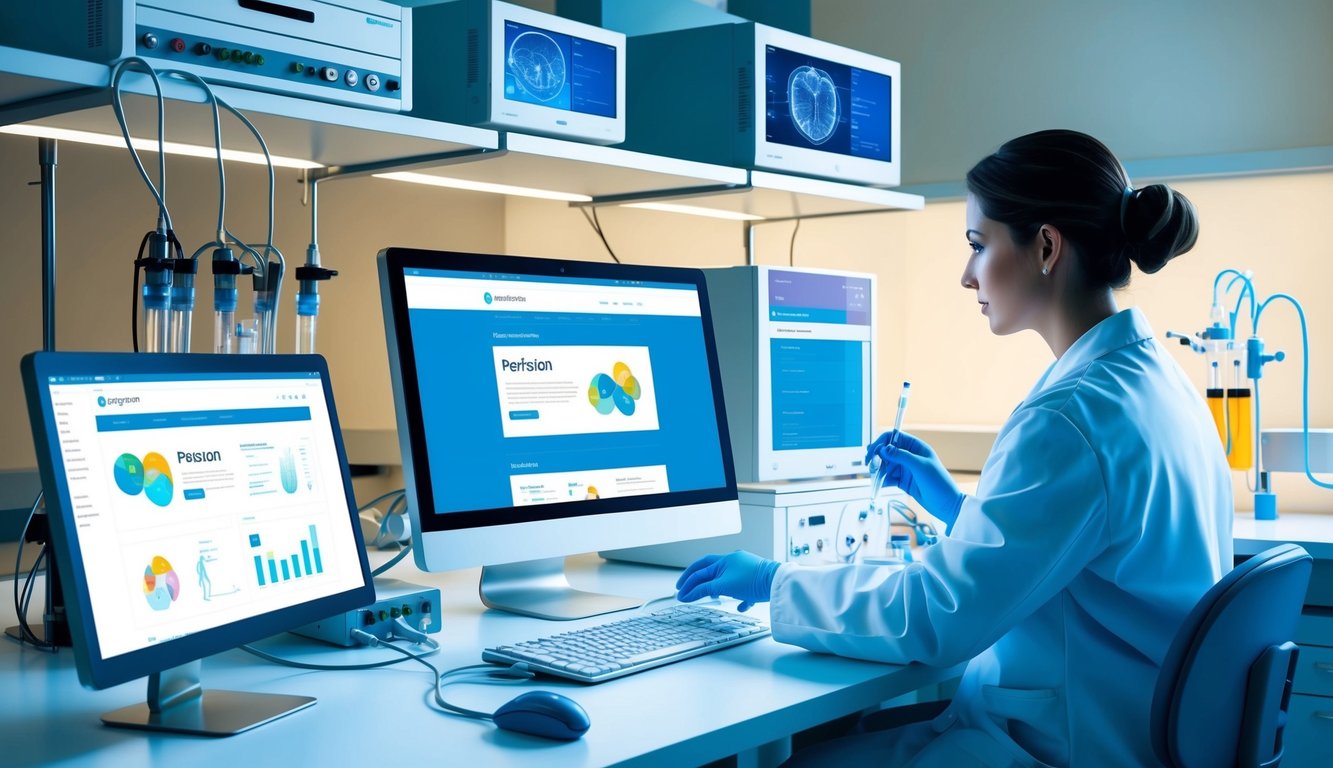 Ekipman ve monitörlerle donatılmış bir tıbbi laboratuvar, perfüzyon hakkında bir web sitesini görüntüleyen bir bilgisayar ve verileri analiz eden bir laboratuvar önlüğü giymiş bir kişi