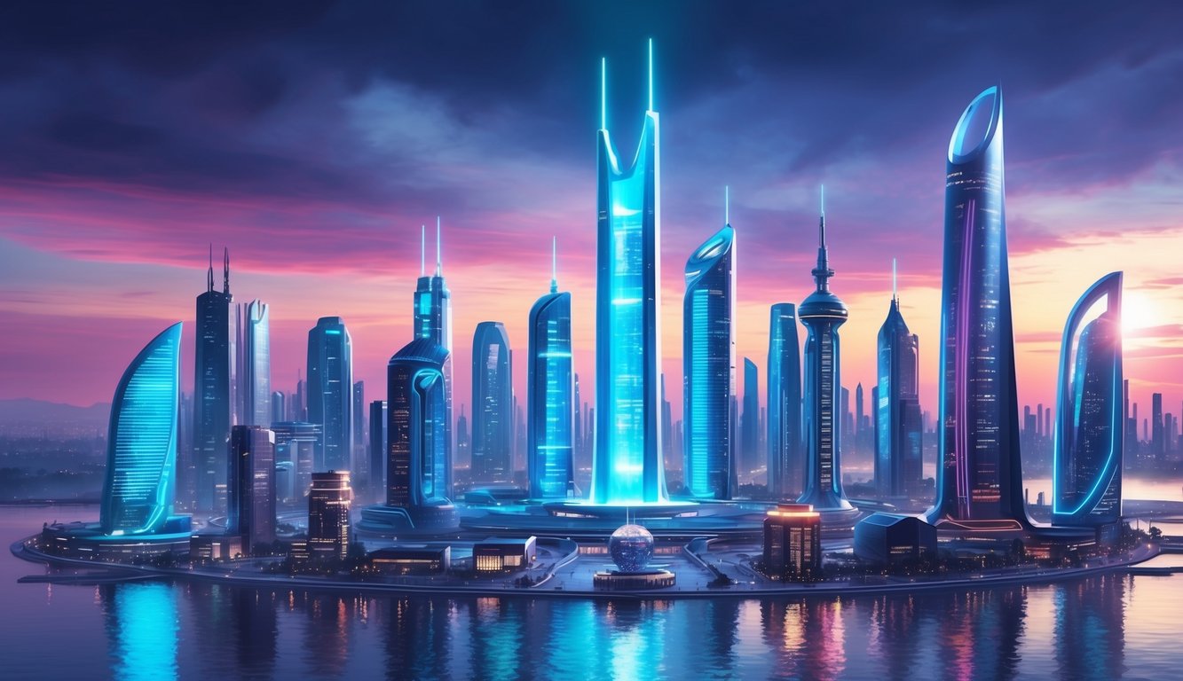 2024'te teknolojinin ilerlemesini yansıtan, parlayan neon ışıkları ve yüksek teknoloji binalarıyla dolu bir geleceğe ait şehir silueti
