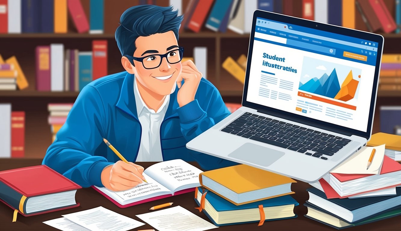 Notlarla ve bir dizüstü bilgisayarla çalışan bir öğrenci, etrafında kitaplar ve kağıtlarla, ekranda açık bir web sitesiyle