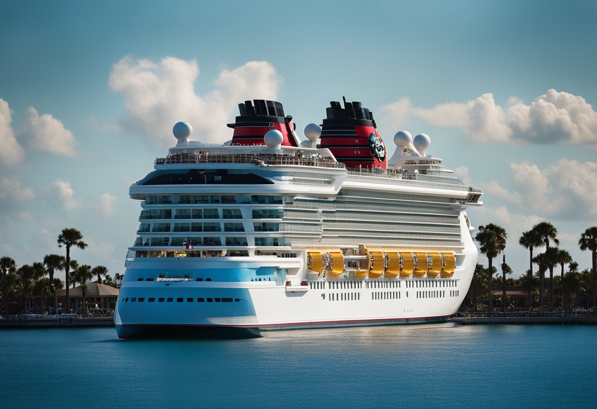 The Disney Magic cruise ship glides through sparkling blue waters, its iconic red funnels towering against a clear sky. Palm trees line the deck, and families gather to enjoy the sunshine and ocean views