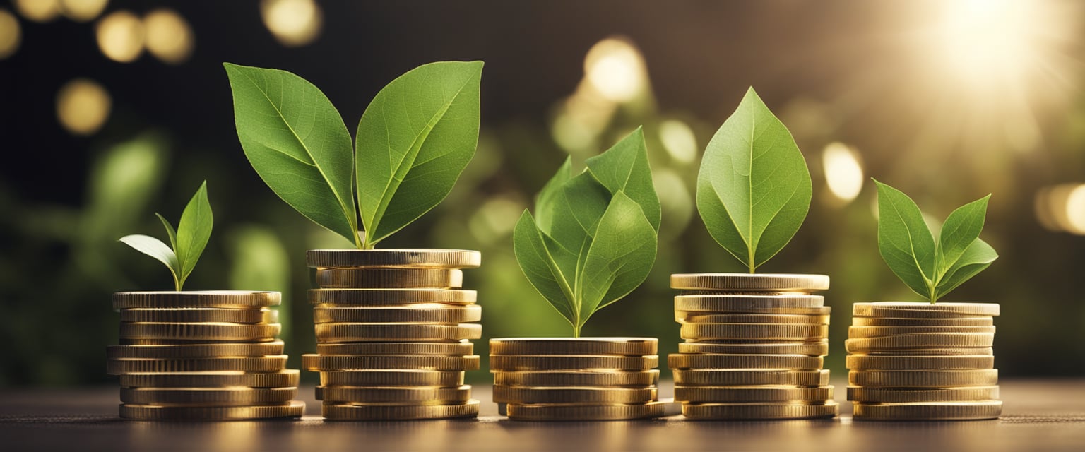 Stacks of gold coins and plants growing out of them to symbolize the growth in value of gold as it provides a real return in investors' portfolios. 