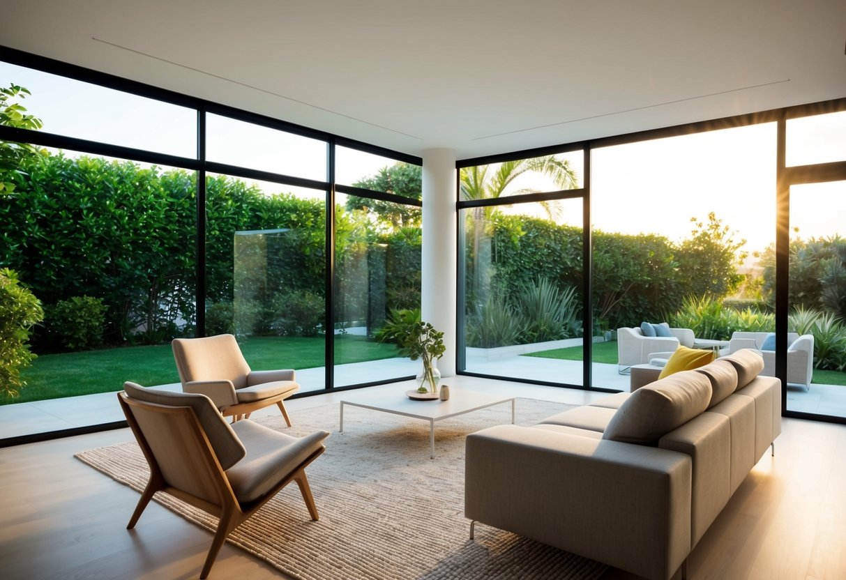 A bright, modern living room with minimalist furniture and large windows overlooking a lush garden