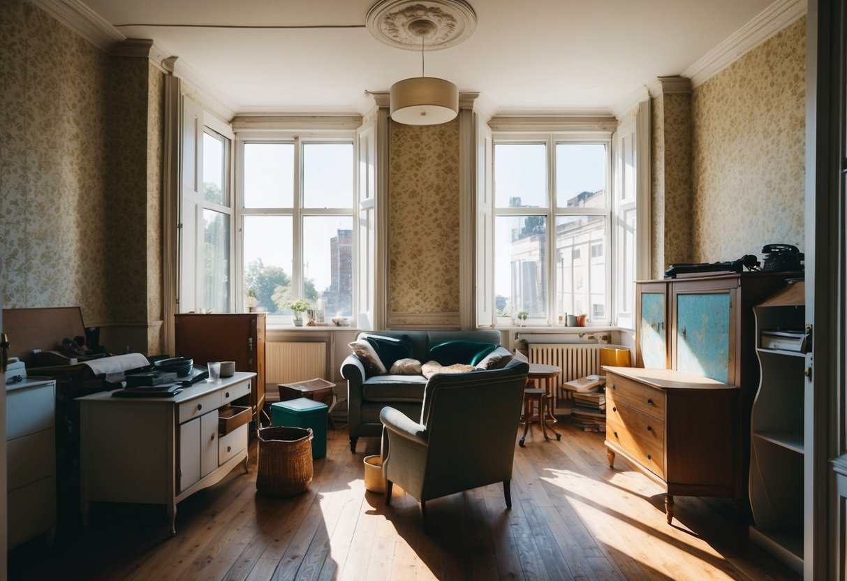 A cluttered room with old furniture and peeling wallpaper, bright sunlight streaming through the windows, a sense of potential transformation