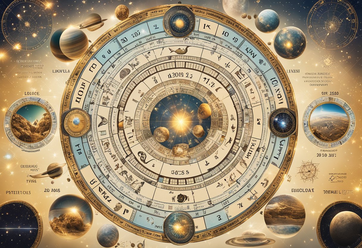 Kosminė diagrama su zodiako simboliais ir meile susijusia vaizdine medžiaga 2025 metams