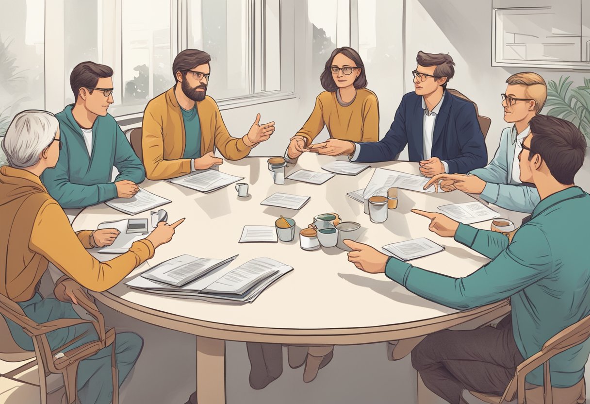 Grupė žmonių susirinko aplink stalą, rodydami ir gestikuliuodami, diskutuodami apie "Dažnai užduodami klausimai: Toksiški santykiai"