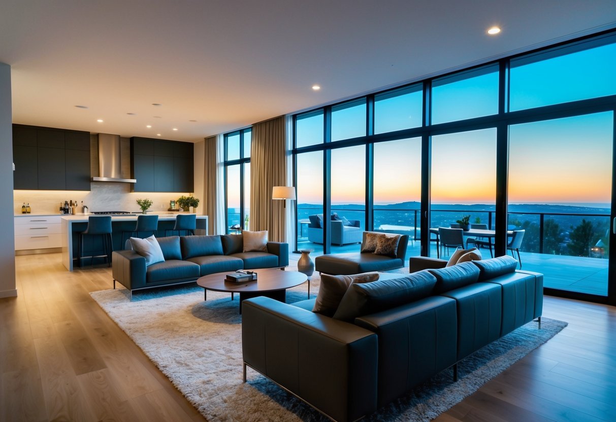 A spacious living room with modern furniture, an open kitchen, and large windows overlooking a scenic outdoor view