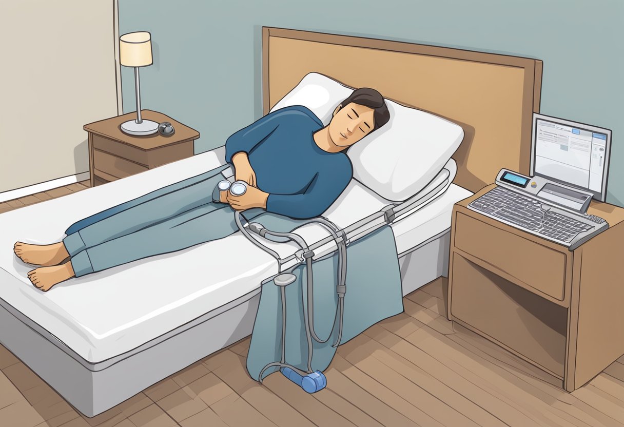 A person sleeping peacefully with a small, portable sleep apnea machine on a bedside table