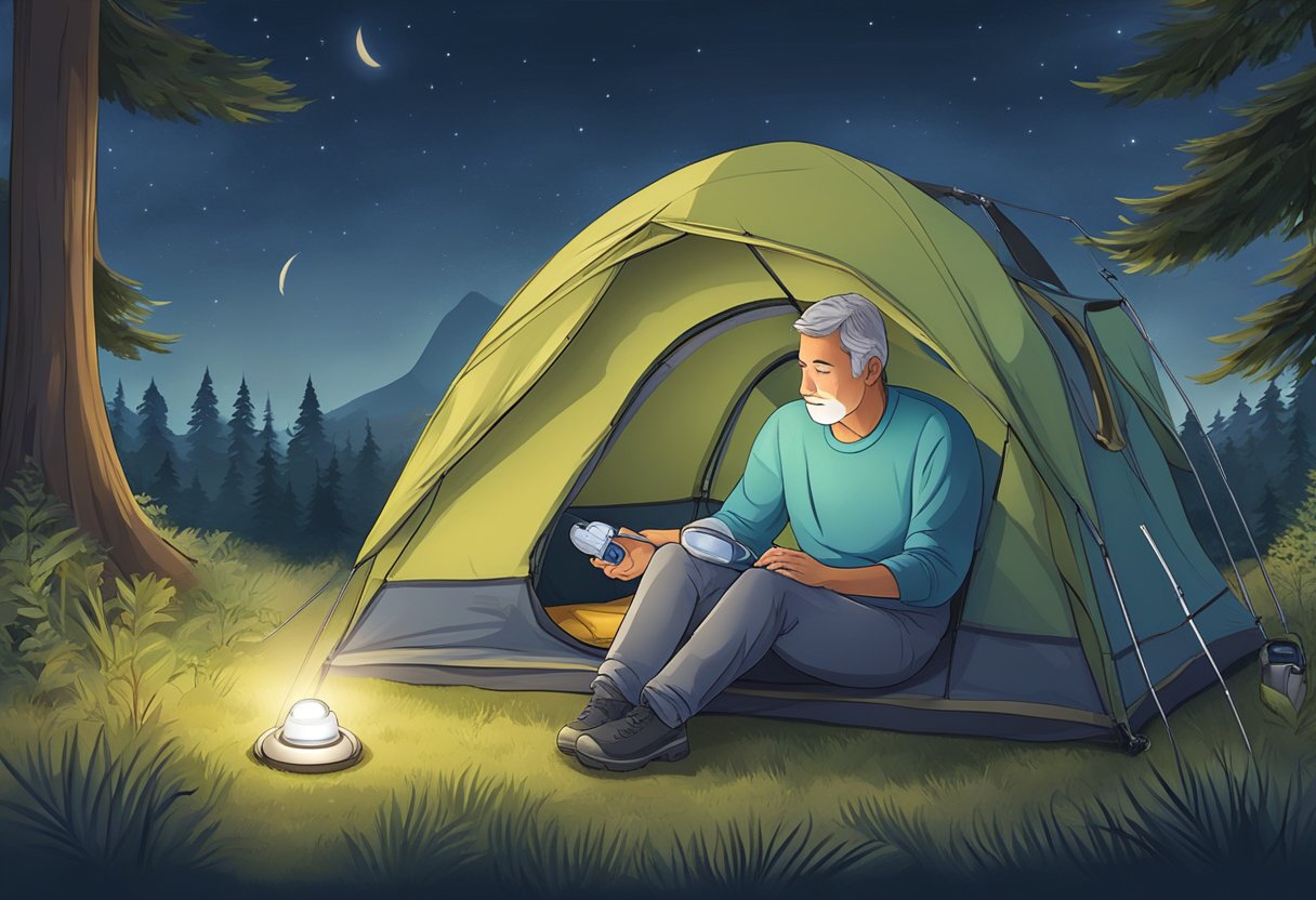 A person using a portable CPAP machine while camping in a tent, surrounded by nature and a peaceful nighttime setting