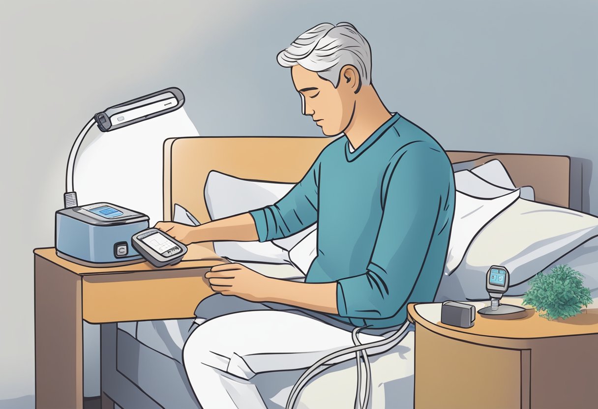 A person sets up a portable CPAP machine on a bedside table, adjusting the settings before getting into bed for the night