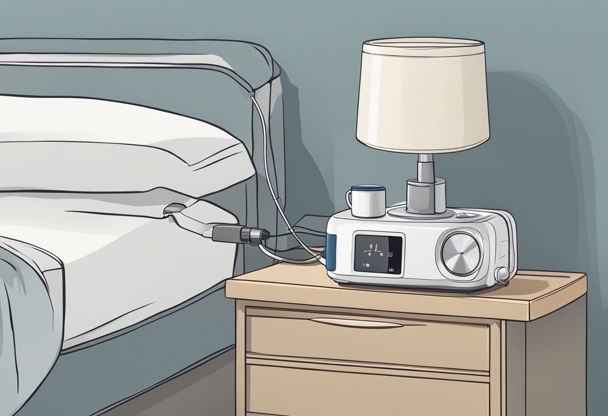 A small, portable sleep apnea machine sits on a nightstand next to a neatly made bed, ready for travel