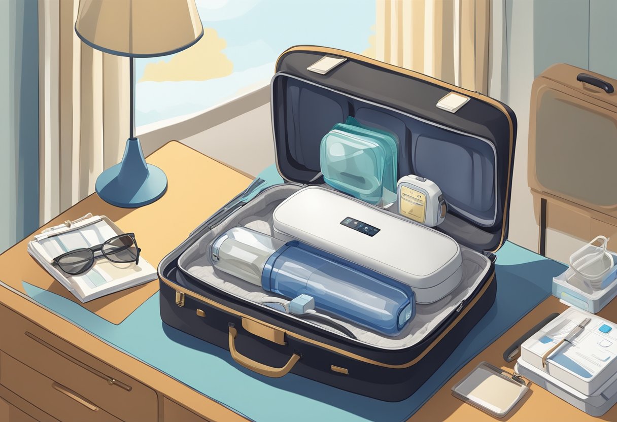 A compact sleep apnea machine sits on a bedside table next to a packed suitcase and travel essentials. The window shows a sunny destination