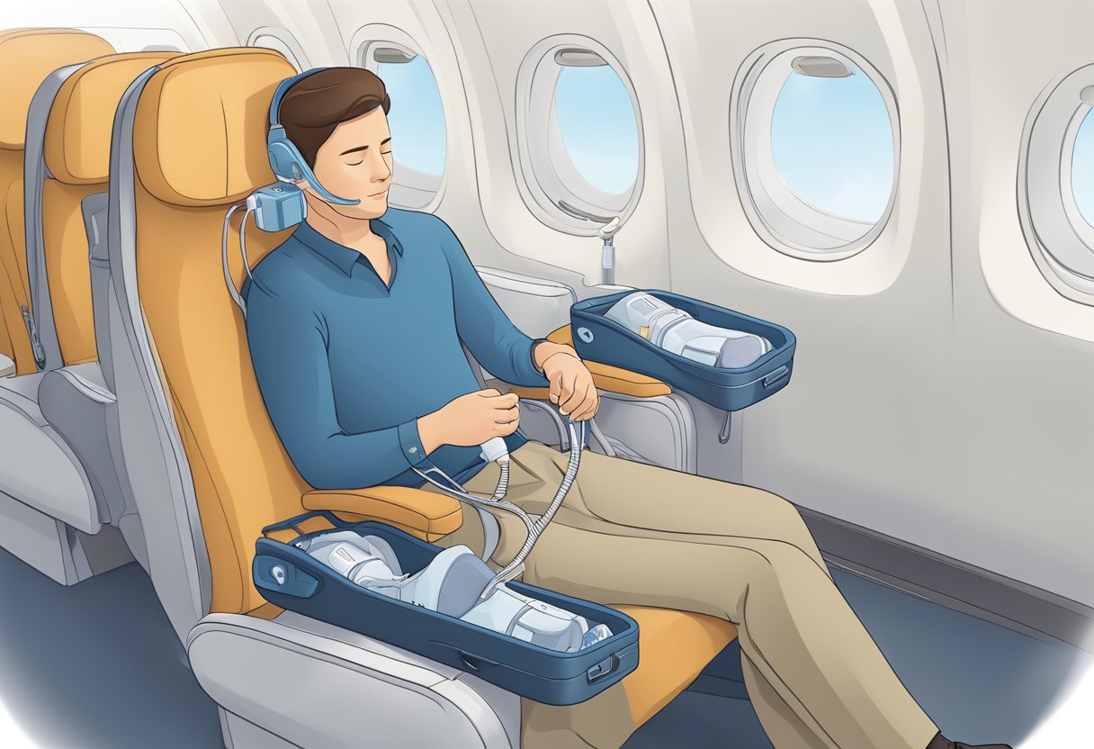 A person sits in a plane seat, using a compact sleep apnea machine while traveling. The machine is plugged into the seat's power outlet, and the person is comfortably resting with the help of the device