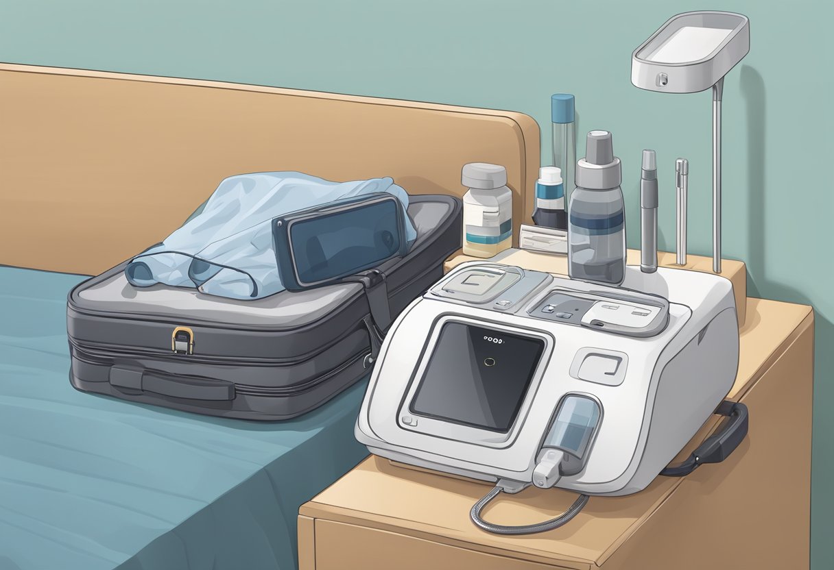 A compact sleep apnea machine sits on a nightstand beside a neatly packed suitcase and travel essentials