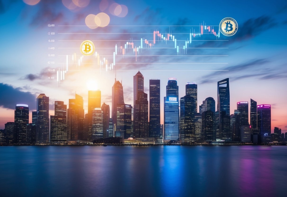 A futuristic city skyline with a digital display showing fluctuating bitcoin price charts