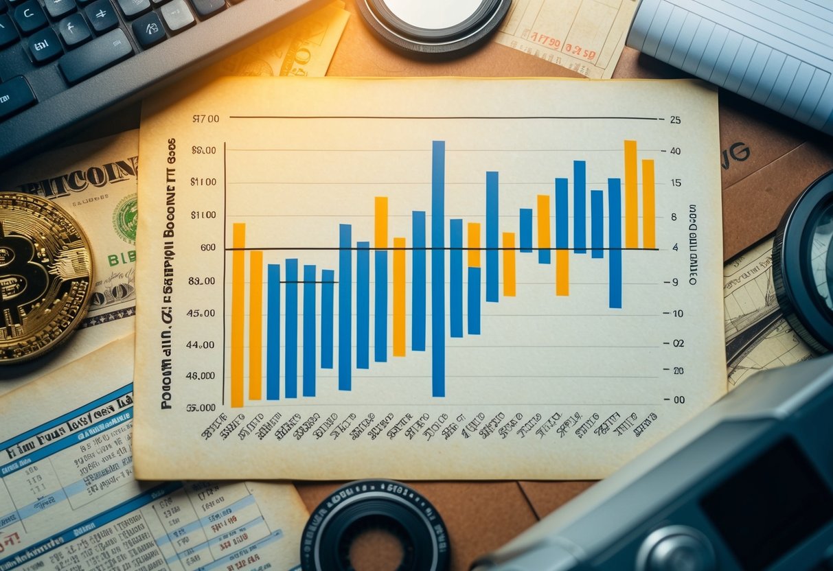 A vintage-looking chart with fluctuating bitcoin prices, surrounded by old financial documents and futuristic technology