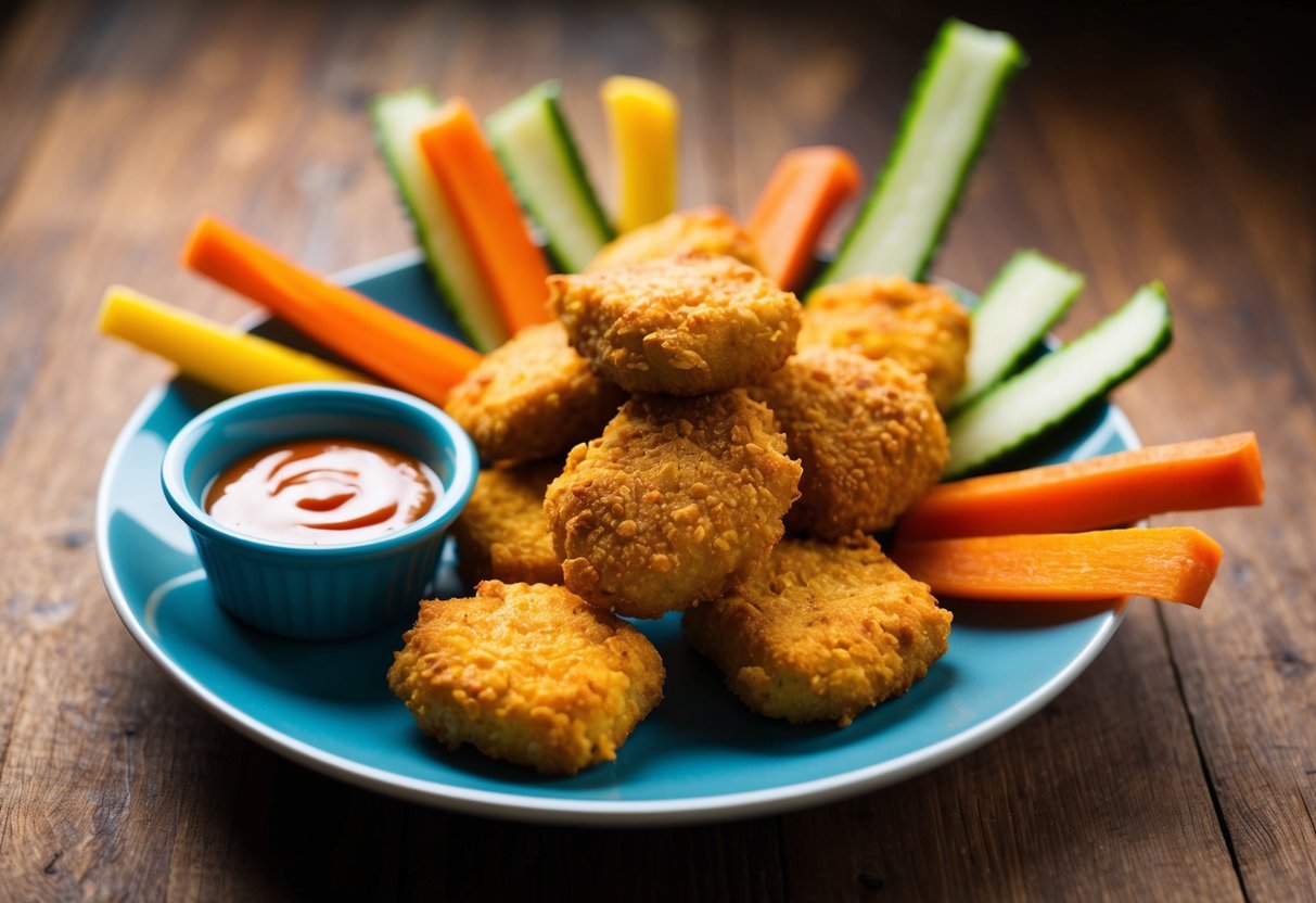 A plate of crispy, golden-brown Paleo chicken nuggets surrounded by colorful vegetable sticks and a small dish of dipping sauce