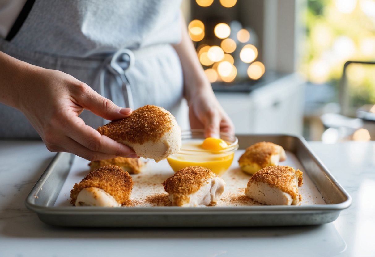 A hand dipping chicken pieces in almond flour, eggs, and spices before placing them on a baking sheet