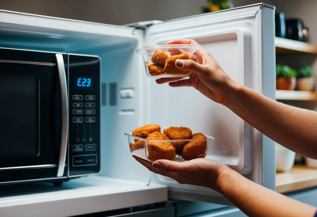 A hand reaches into a refrigerator to grab a container of homemade paleo chicken nuggets. A microwave sits on the counter ready to reheat the nuggets