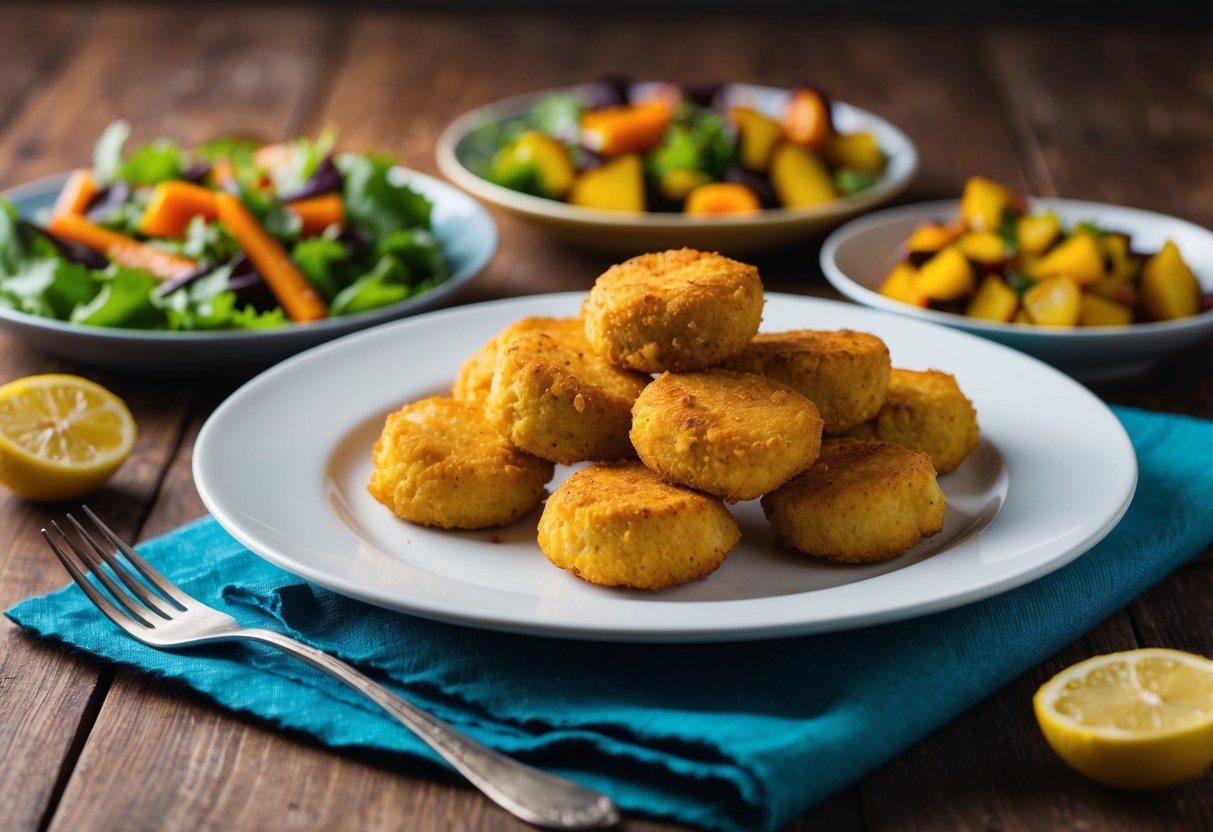 A plate of paleo chicken nuggets surrounded by colorful, complementary side dishes such as roasted vegetables and a fresh salad