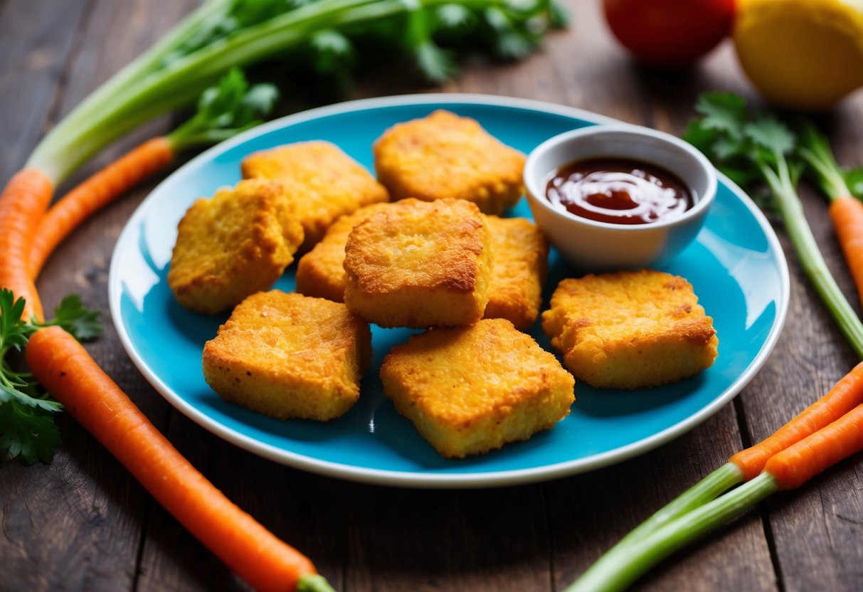 A plate of golden-brown Paleo chicken nuggets surrounded by colorful vegetables and a small dish of dipping sauce