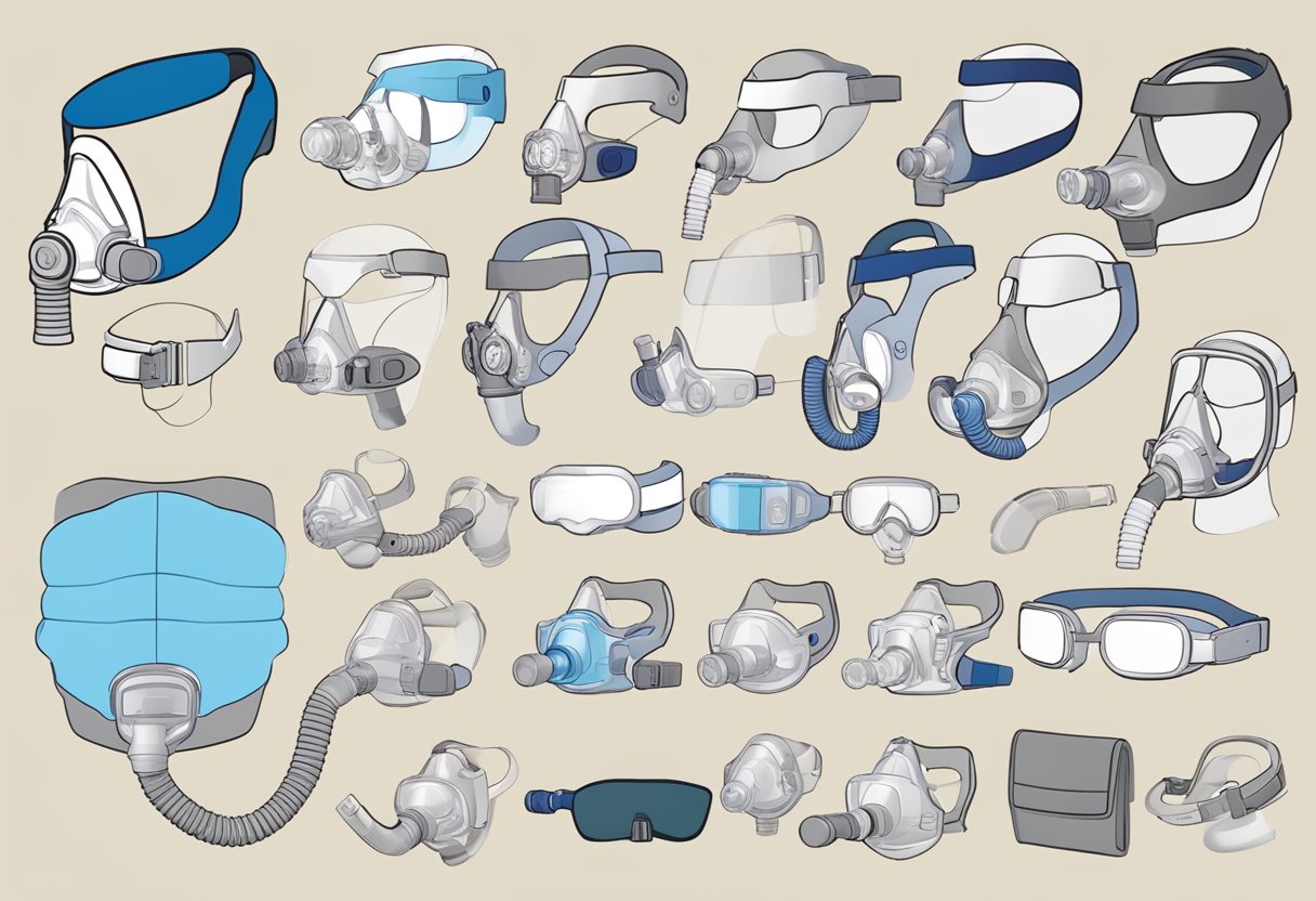 A CPAP mask displayed with various types and features, including full face, nasal, and nasal pillow designs, alongside adjustable headgear and cushion options