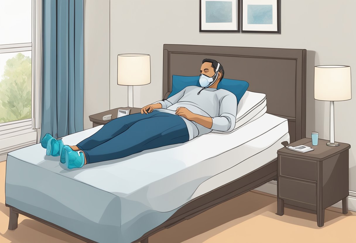 A person lying in bed, wearing a CPAP mask with adjustable straps and a cushioned nose piece, with the sleep apnea machine on the bedside table