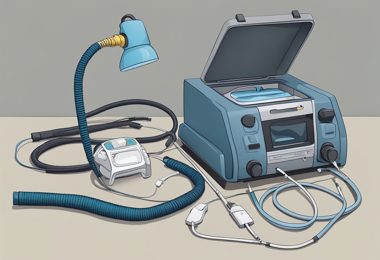 A bedside table with a CPAP machine, hose, and mask laid out for cleaning and maintenance