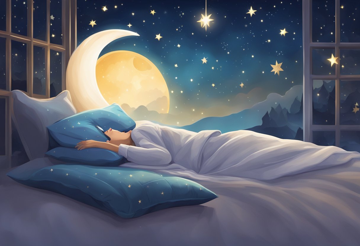 A serene night scene with a sleep mask resting on a soft pillow, surrounded by twinkling stars and a crescent moon in the sky