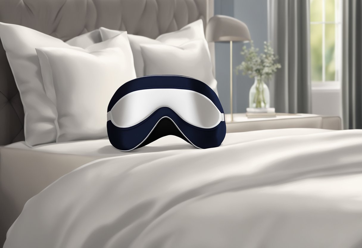 A luxurious silk eyemask rests on a soft pillow, surrounded by a calming, minimalist bedroom decor