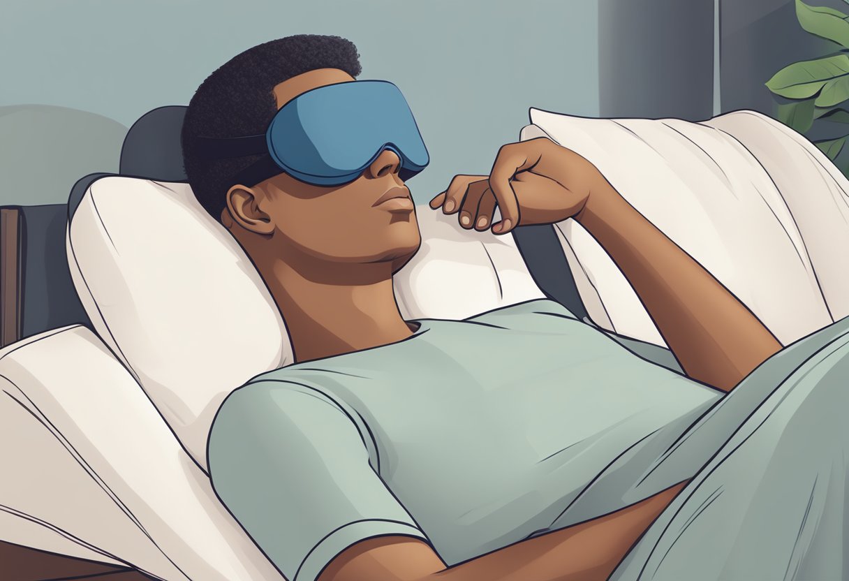 A person wearing a Tempur-Pedic Sleep Mask, peacefully resting on a comfortable pillow