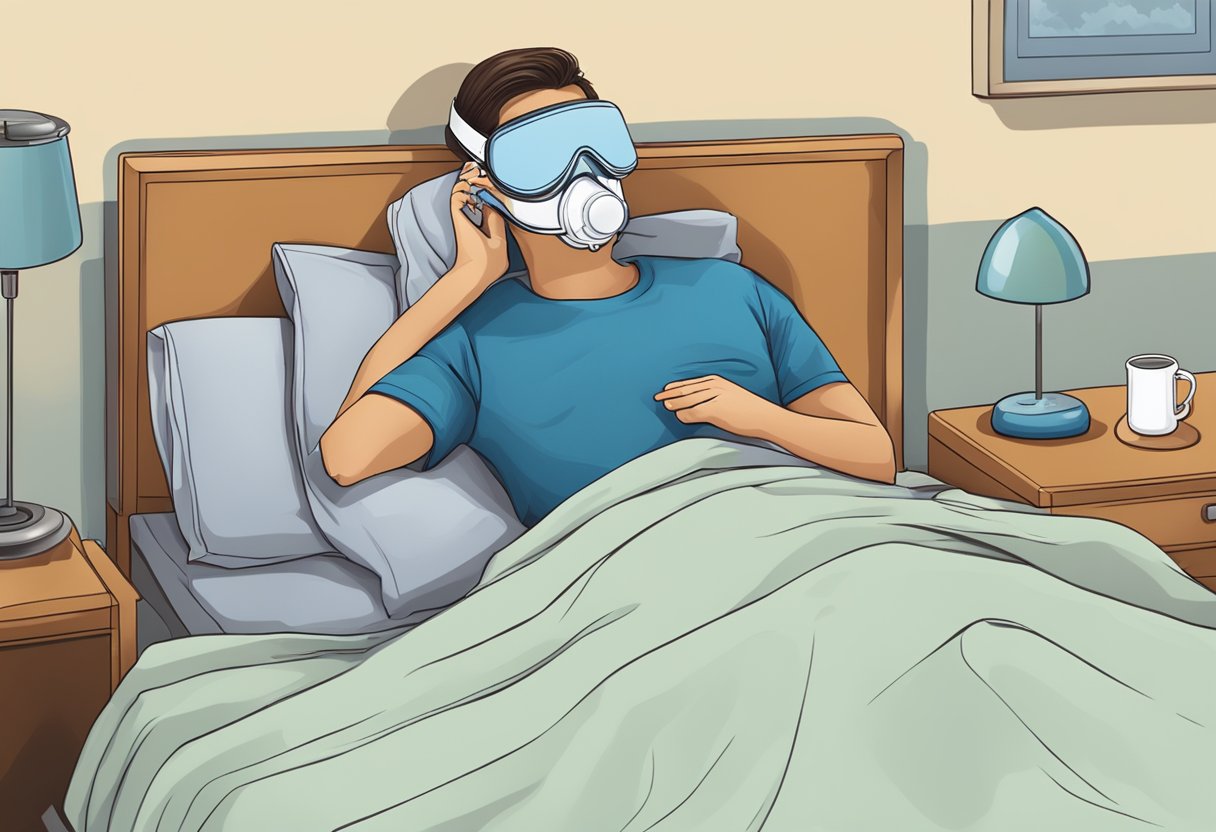 A person wearing a sleep mask connected to a CPAP machine while sleeping in bed