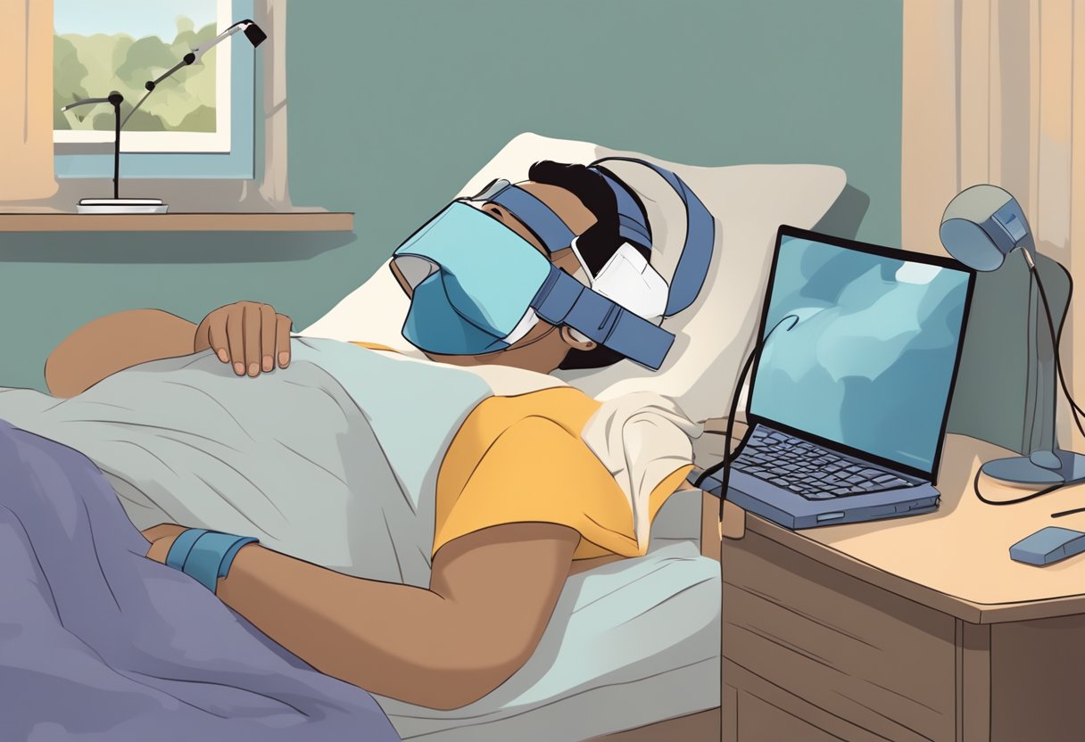 A person wearing a sleep mask connected to a CPAP machine while sleeping in bed