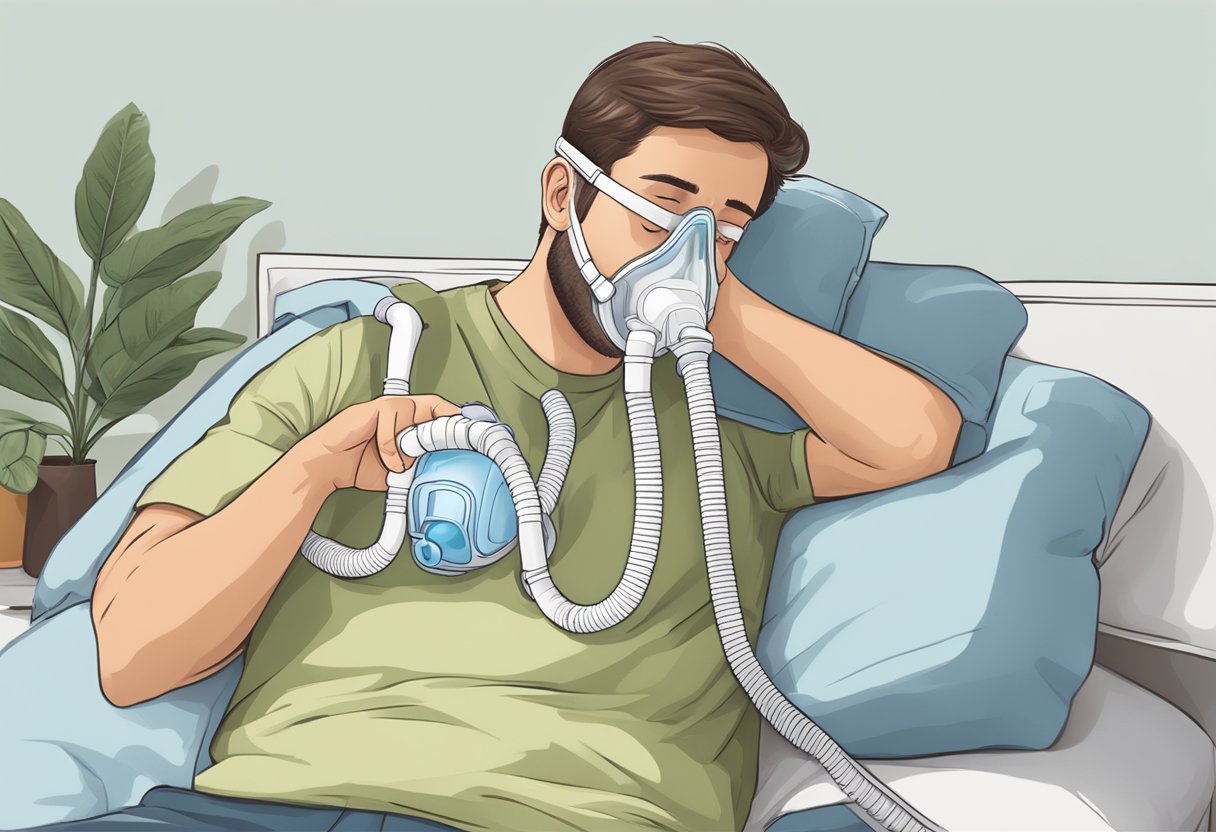 A person adjusting a CPAP mask to fit snugly over their nose and mouth, with straps secured around the head for a comfortable and effective fit