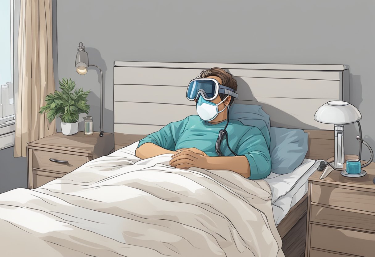 A person wearing a sleep mask with a breathing apparatus attached, lying in bed with a CPAP machine and a glass of water on the bedside table