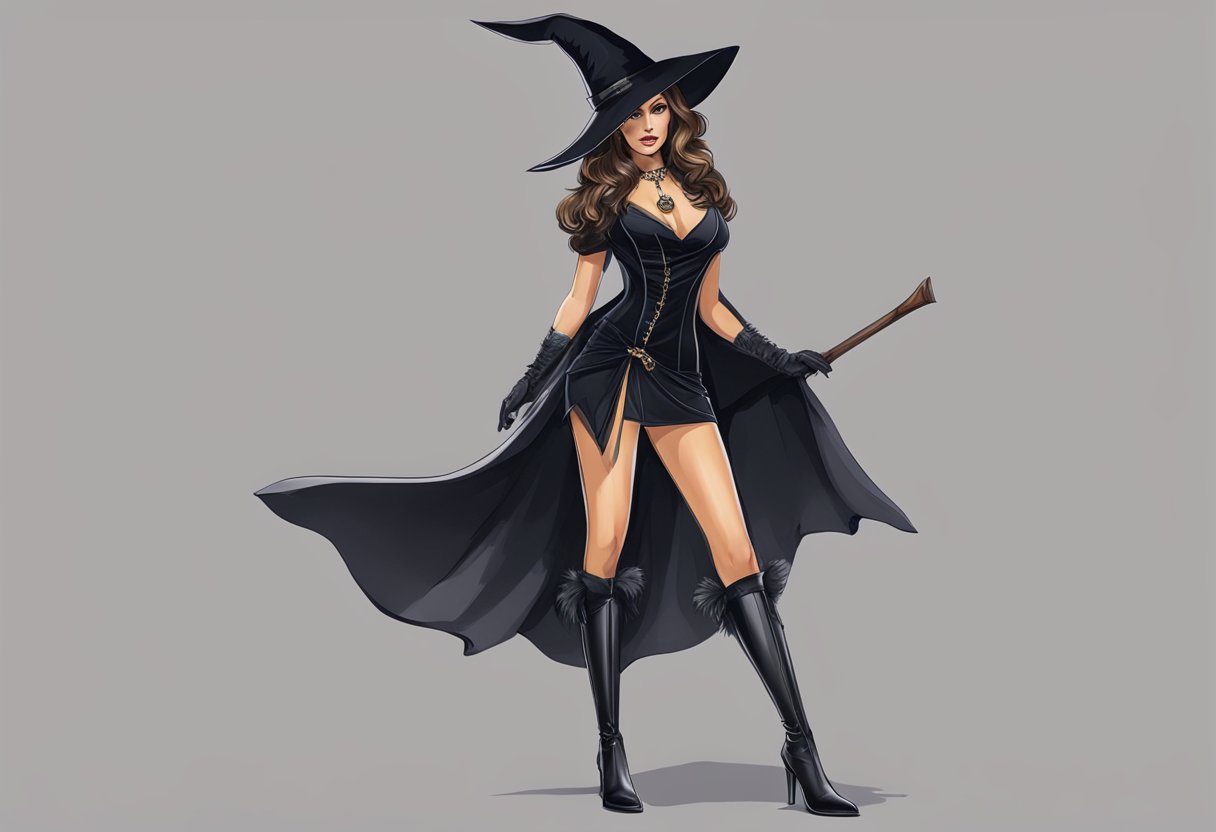 A seductive witch costume with a low-cut, black velvet dress, a pointed hat, and knee-high boots