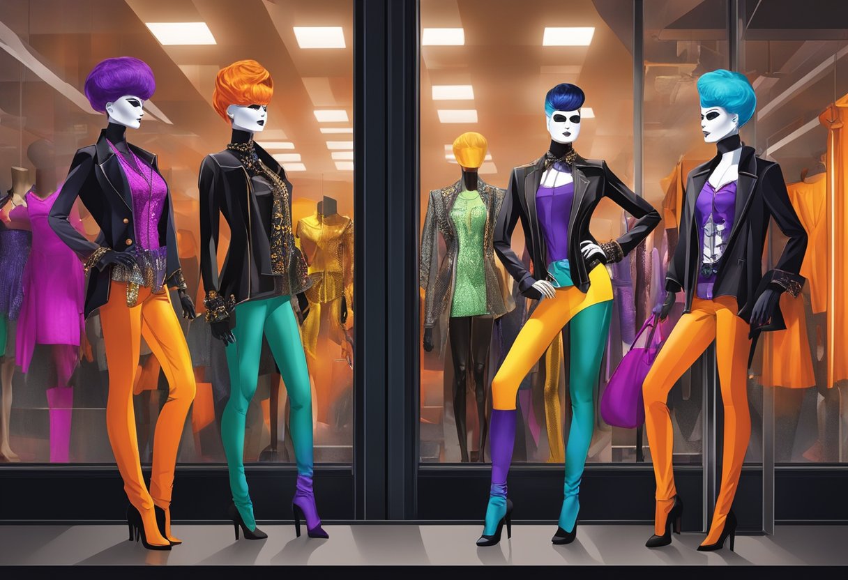 A group of mannequins display sexy Halloween costumes in a dimly lit store window, featuring bold colors and provocative designs