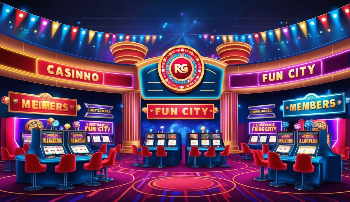 RG Fun City 的賭場場景充滿活力，色彩繽紛的橫幅、閃爍的燈光，以及為會員提供的各種娛樂選擇