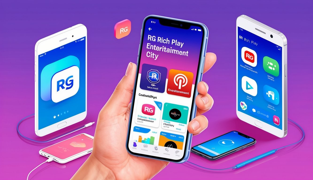 一部智慧型手機顯示著 RG Rich Play 娛樂城市應用程式，周圍有各種行動裝置