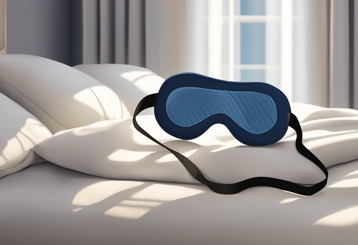 A sleep mask laying on a soft pillow, with a gentle light filtering through a window onto the bed